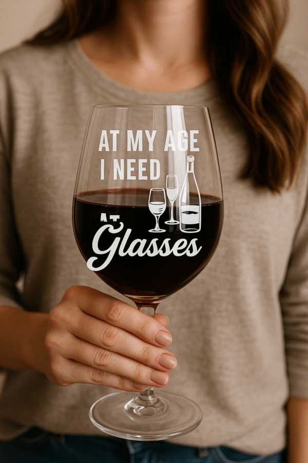 "At My Age I Need Glasses" Funny Wine Quote SVG – Wine Glasses & Bottle Digital Design - Image 2