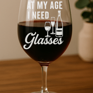 "At My Age I Need Glasses" Funny Wine Quote SVG – Wine Glasses & Bottle Digital Design